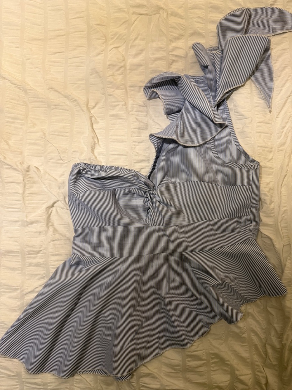 SHEIN Blue & White Striped One-Shoulder Ruffle Peplum Top